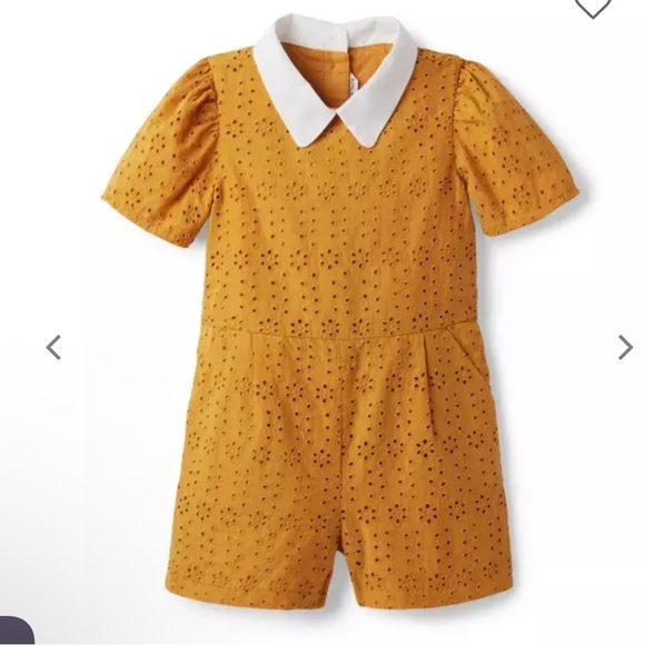Janie and Jack Mustard Yellow Eyelet Short Sleeve Collared Shorts Romper - Picture 1 of 5